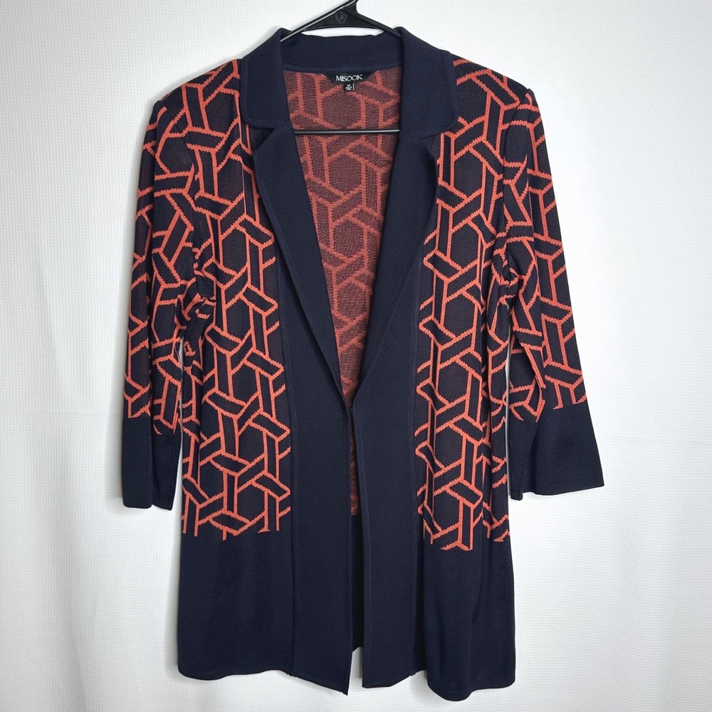 Misook Cardigan Jacket Geometric Knit Navy Orange Hook Eye Open Front Medium